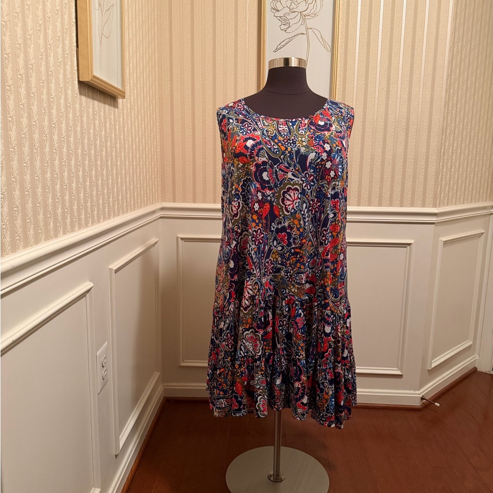 Sleeveless Navy Floral Paisley Swing Dress